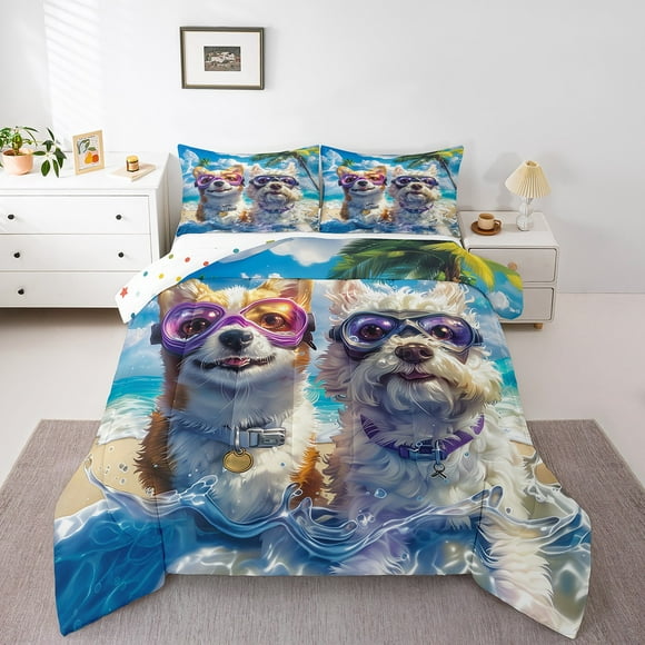 Erosebridal Cute Corgi Dog Comforter Sets Queen Size, Summer Hawaiian Beach Comforters & Duvets, Pet Lovers Bedroom Decor, Reversible 3-Piece