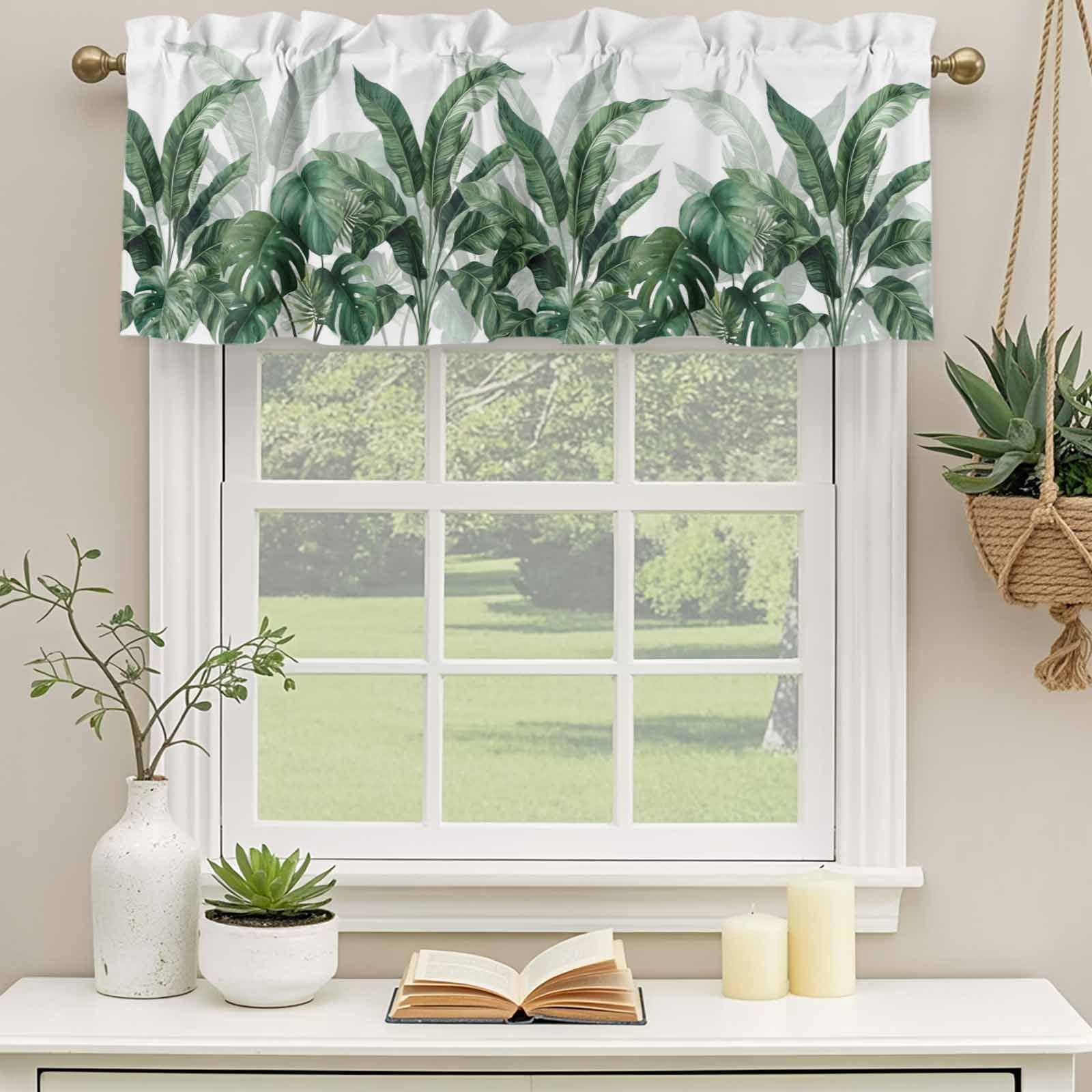 2 Pack Valances for Windows, Palm Leaves Tropical Window Valances for Living Room/Bedroom/Bathroom, Green Botanical Summer Light Filtering Kitchen Curtain Valance Window Treatment 60"W x18" L