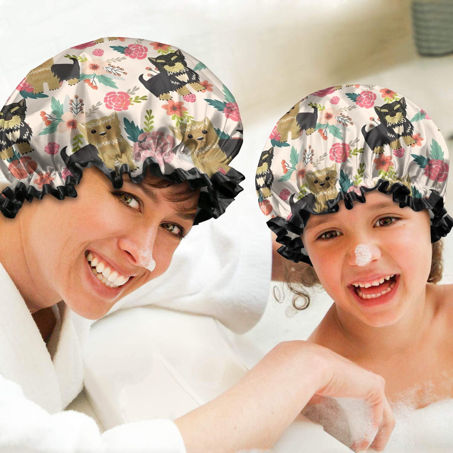 Shower Caps,Yorkie Dog and Pioneer Flower Waterproof Shower Cap for Women 4 Pieces,Double Reusable Hair Cover for Shower PEVA Elastic Stretch Hem