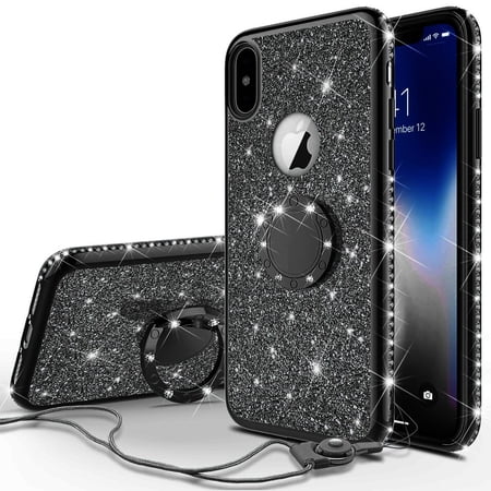 For Apple iPhone Xs / X Case, Slim Soft TPU Glitter Bling Rhinestone Crystal Luxury Protective Cover w/ Finger Style Ring KickStand - Black