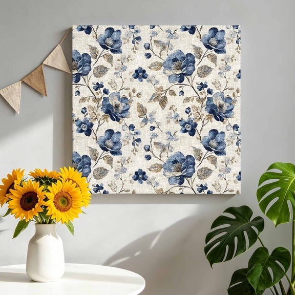 Canvas Wall Art Blue Gray Spring Floral Canvas Art Print Vintage Botanical Leaf Farmhouse Pictures Wall Decor for Living Room Bedroom Artwork Decorations Stretched Framed Ready to Hang 16"x16"