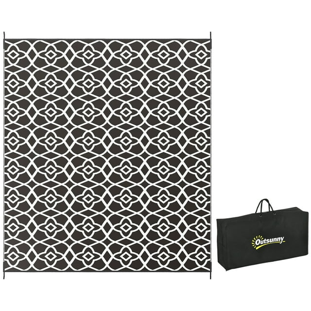 Outsunny Waterproof Outdoor Rug w/ Carry Bag, 8' x 10', Black White Clover
