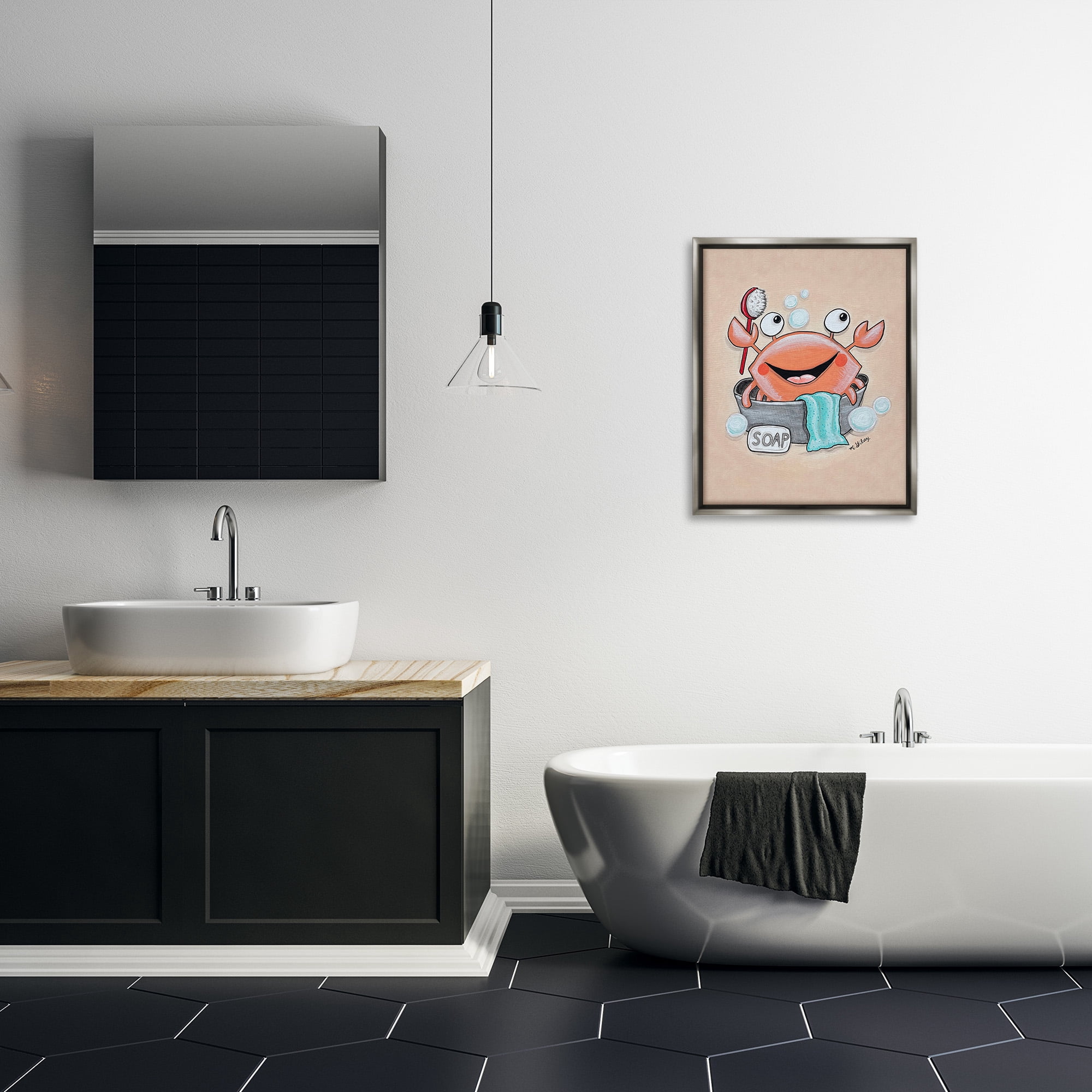 Stupell Industries Happy Crab Bathing Animals & Insects Painting Gray Floater Framed Canvas Art Print Wall Art, 25 x 31