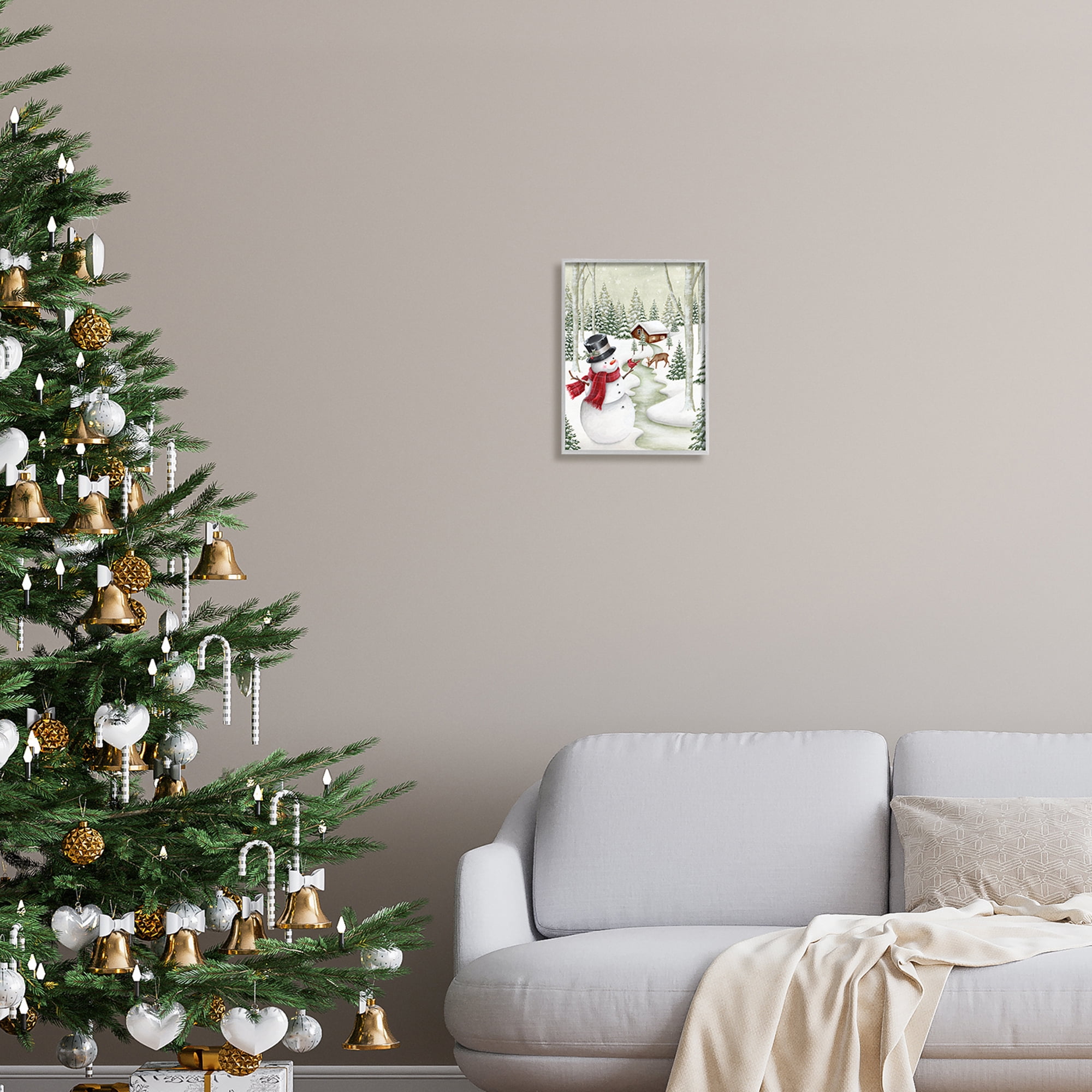 Stupell Industries Snowman on Snowy Path Holiday Painting Gray Framed Art Print Wall Art, 11 x 14
