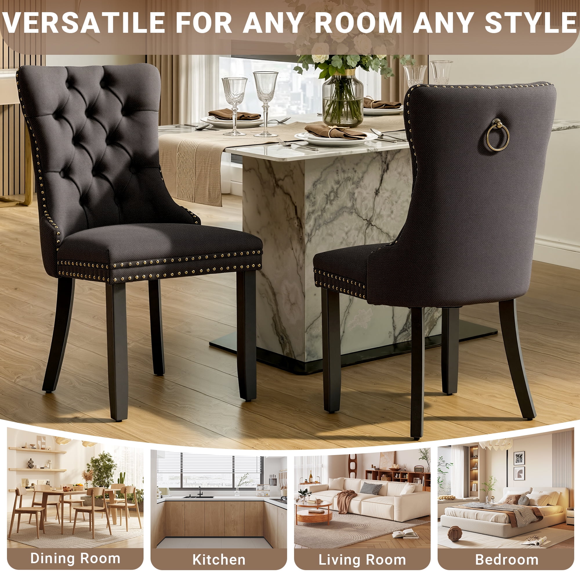 Upholstered Dining Chairs Set of 2, Segmart Modern Fabric Dining Room Chair with Nailhead Trim and Wood Legs, Mid-Century Accent for Living Room, Kitchen, Black