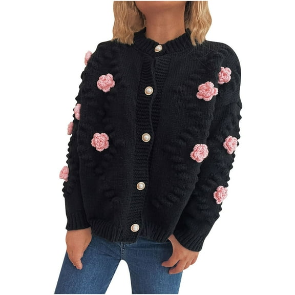 SnZhen Women's Casual Sweater Fashion Women Flower Long Sleeve Deep V- Neck Button Solid Color Cardigan Tops Black L