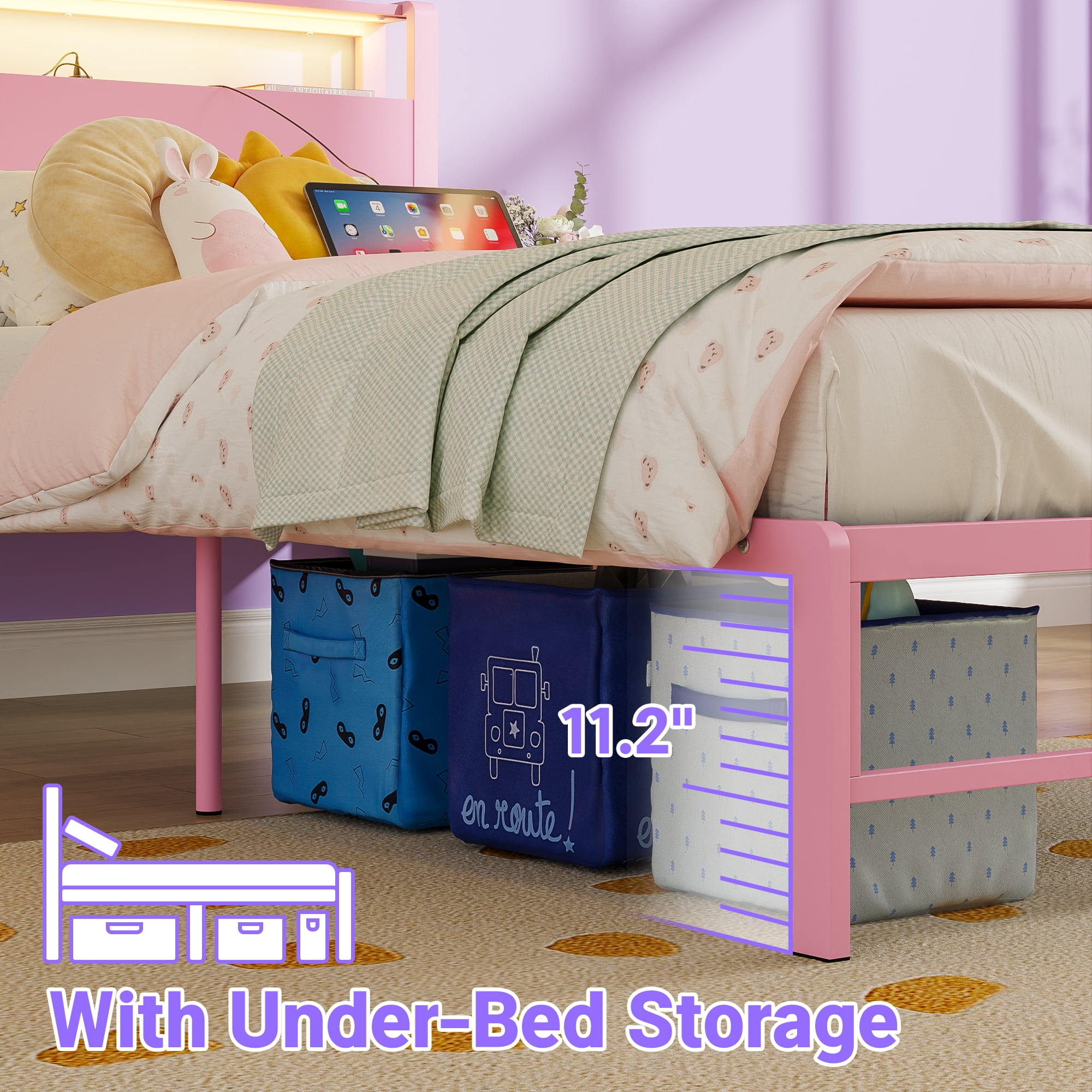 Yoneston Power Outlet LED Light Twin Metal Platform Bed Frame with 2-Tier Storage USB Port Charging Station Headboard for Kids Boys Girls Adults, Pink