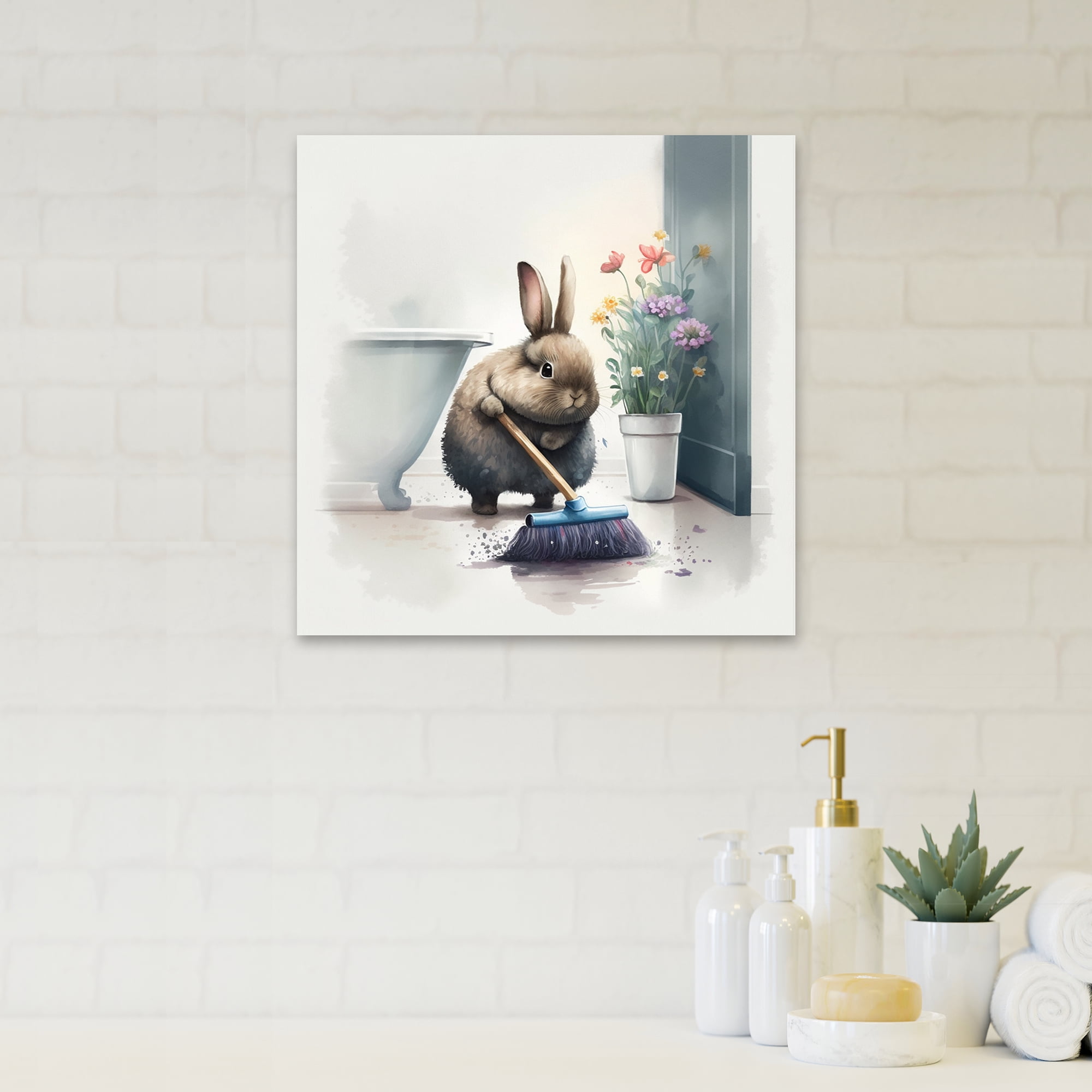 Designart Bunny Cleaning Bathroom II Canvas Wall Art