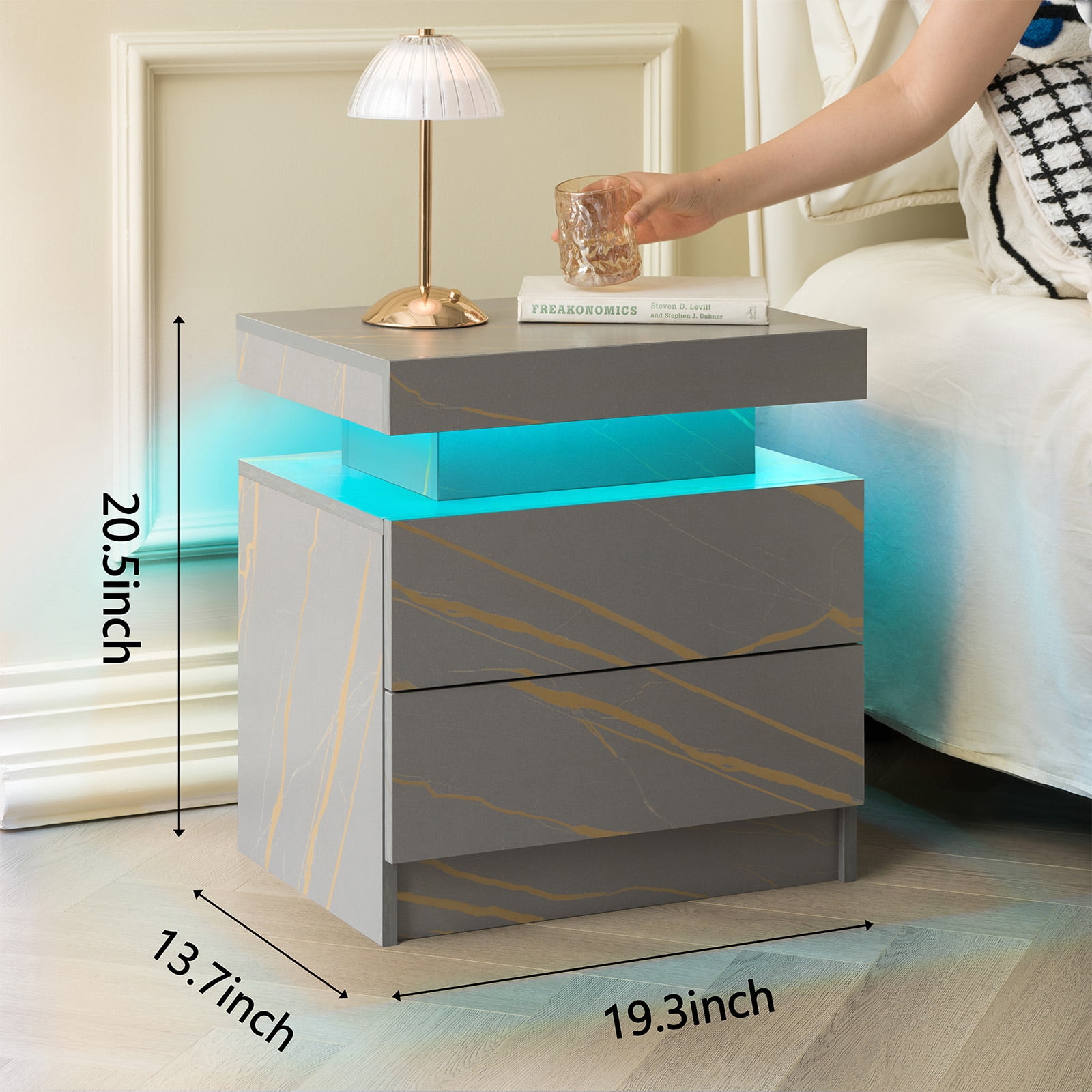 Leumius 2 Drawer Modern Nightstand with LED Light Small Bedside Tables End Side for Bedroom,Grey+Gold