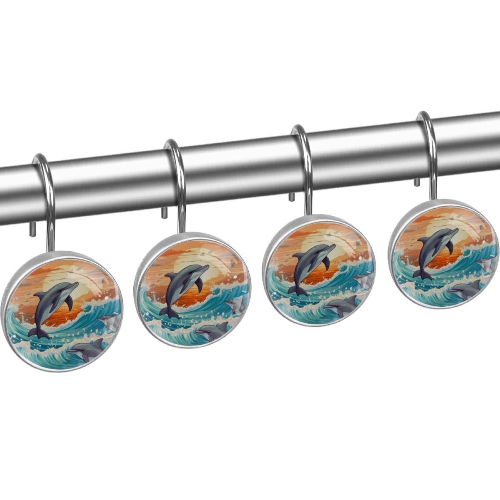 Dolphin Shower Curtain Hooks （Set of 12） for Home Hotel Shower Rods Bathroom Crystal Glass Print Stainless Steel Round Curtain Hooks