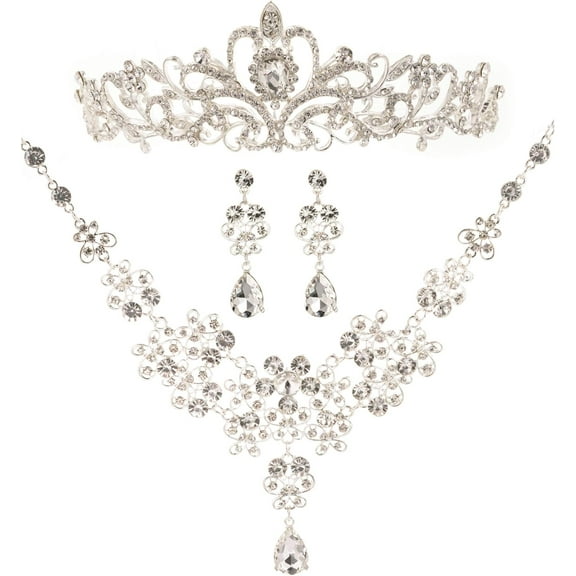 Bridal Wedding Jewelry Set Necklace Earrings Rhinestone Tiaras Crown Silver