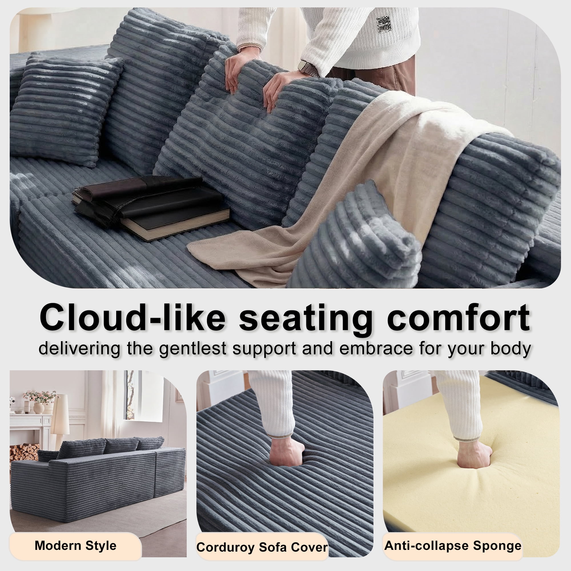 Actoroom 106" Modular Sectional Couch, L-Shape Boneless Cloud Couch, 4 in 1 Convertible Upholstered Sofa for Living Room, Grey