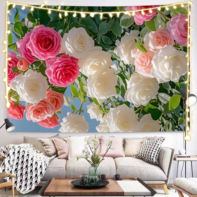 Tapiz romántico para colgar en la pared con forma de campo de rosas, 150 x 130 cm