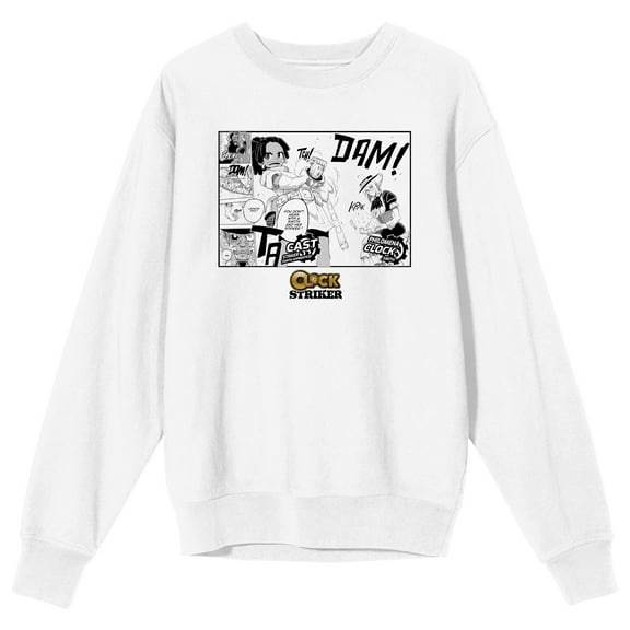 Saturday AM Clock Striker Manga Page Cast and Philomena Adult White Crew Neck Sweatshirt - Small