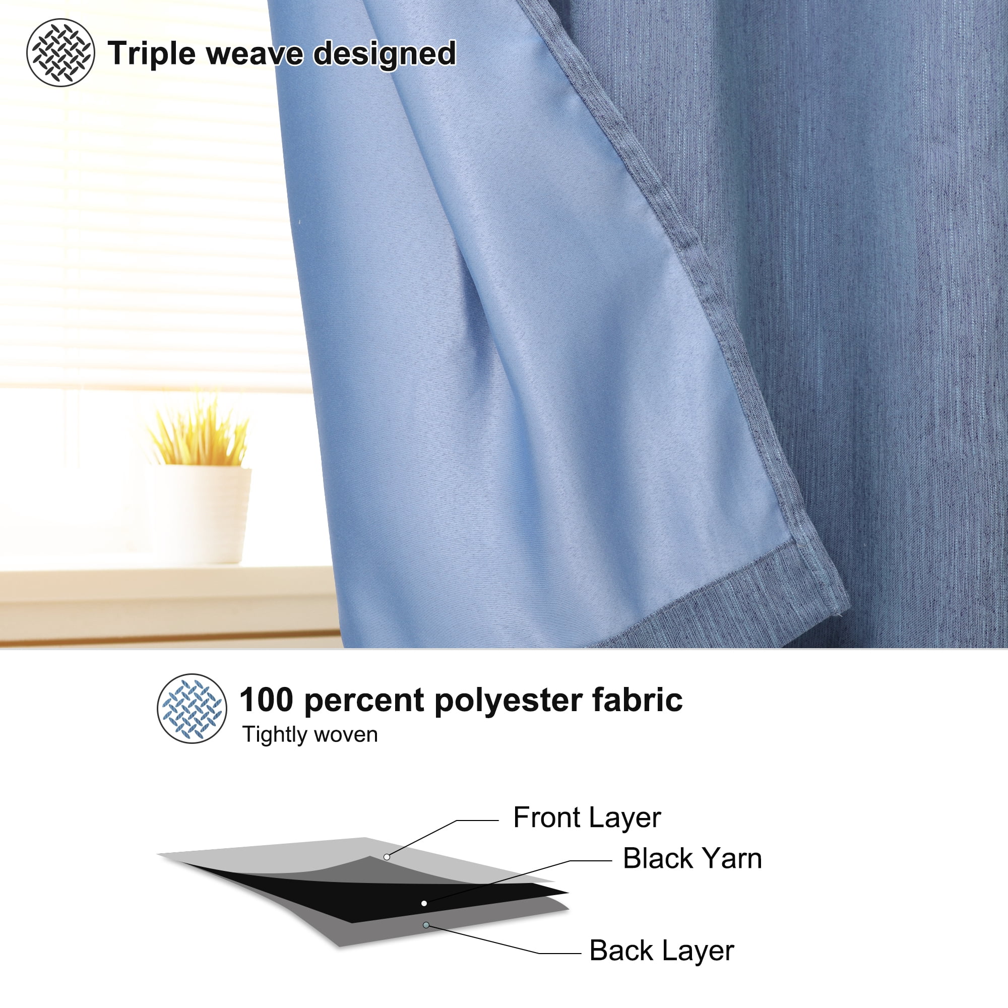 PiccoCasa 2 Panels Bedroom Linen Look Blackout Curtains Steel Blue 52" x 95"
