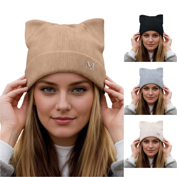 XIAOCHA Women’S Cute Cat‑Ear Beanie，Solid Rib‑Knit Fall‑Winter Outdoor Skullcap,Khaki