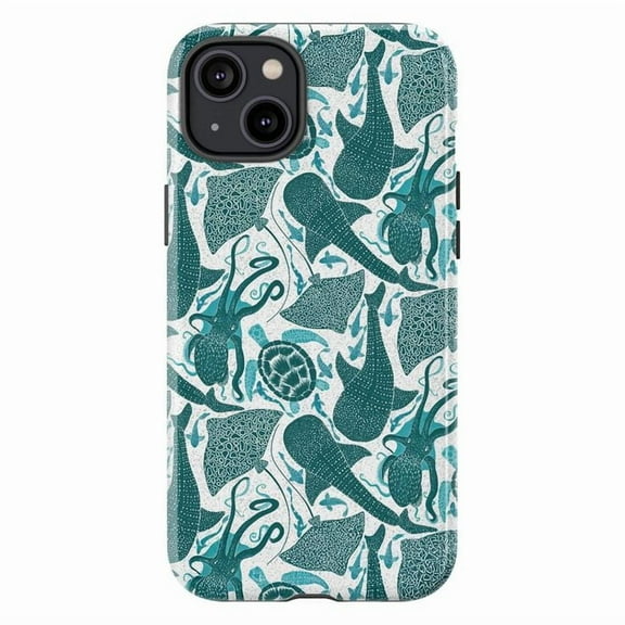Deep Sea Creatures Phone Case | Aquatic Pattern with Octopus, Manta Ray, Turtle & More | Compatible with iPhone 16 15 14 13 12 11 Pro Max