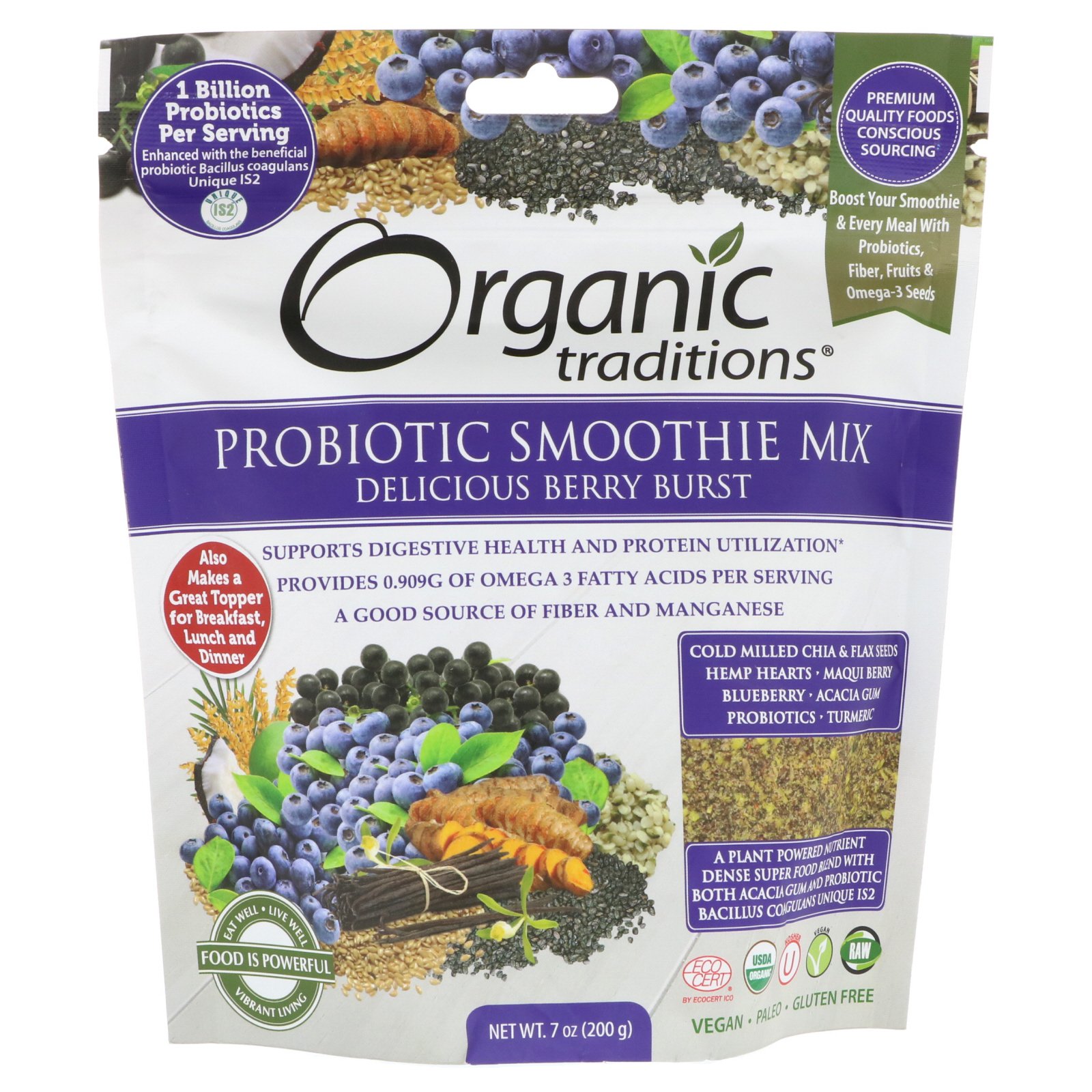 Organic Traditions Probiotic Smoothie Mix Delicious Berry Burst 7 oz