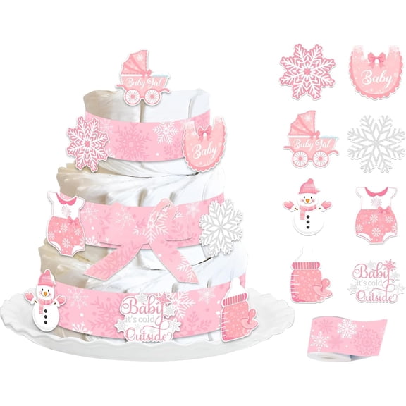 Cheerupp Winter Pink Snowflake Diaper Cake Decorations Kit for Baby Shower, Snowflake Patterned Ribbons 5 Yards, Baby It's Cold Outside Cards Gender Reveal Party Decorations Supplies