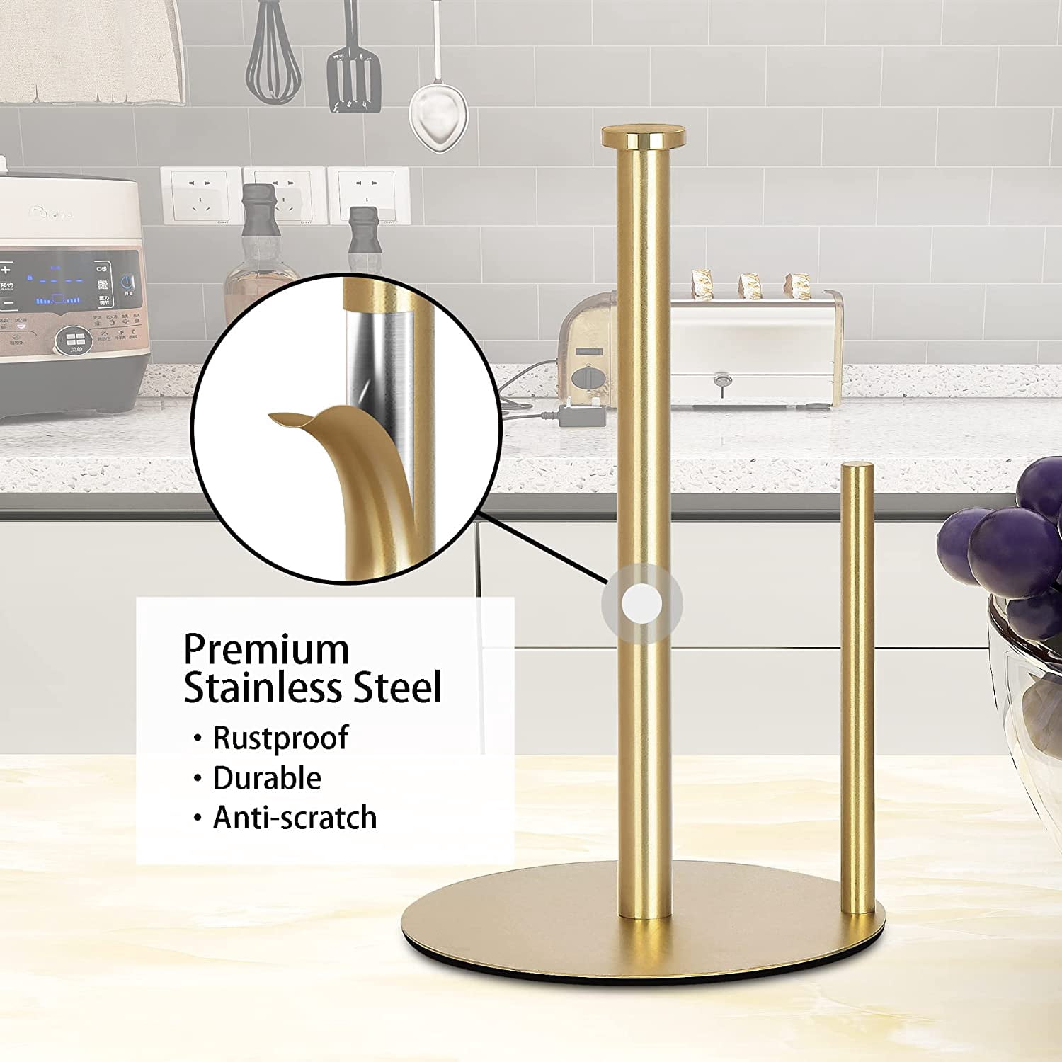 Gold Countertop Paper Towel Holder, Stainless Steel, Modern Kitchen and Bathroom Organization