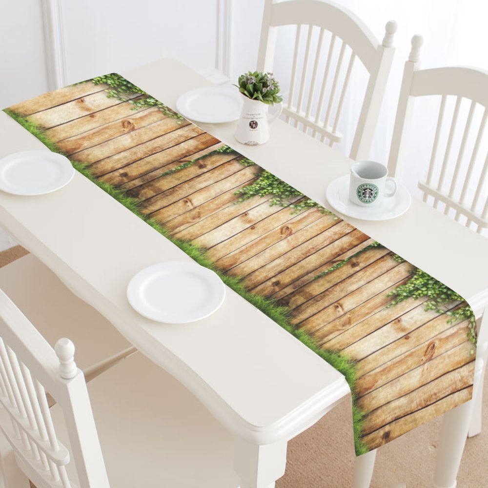 MKHERT Elegant Spring Green Grass Leaf Over Wood Fence Table Runner for