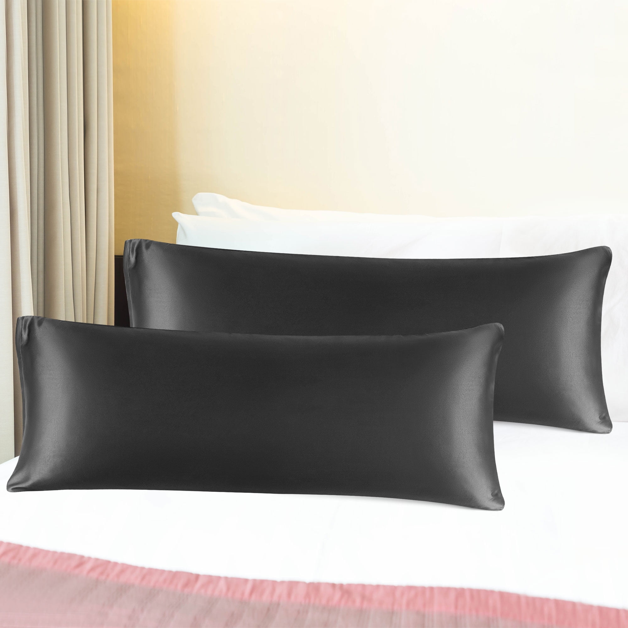 Unique Bargains Satin Body Pillowcases 2 Pcs Zipper Closure Black 20"x48"