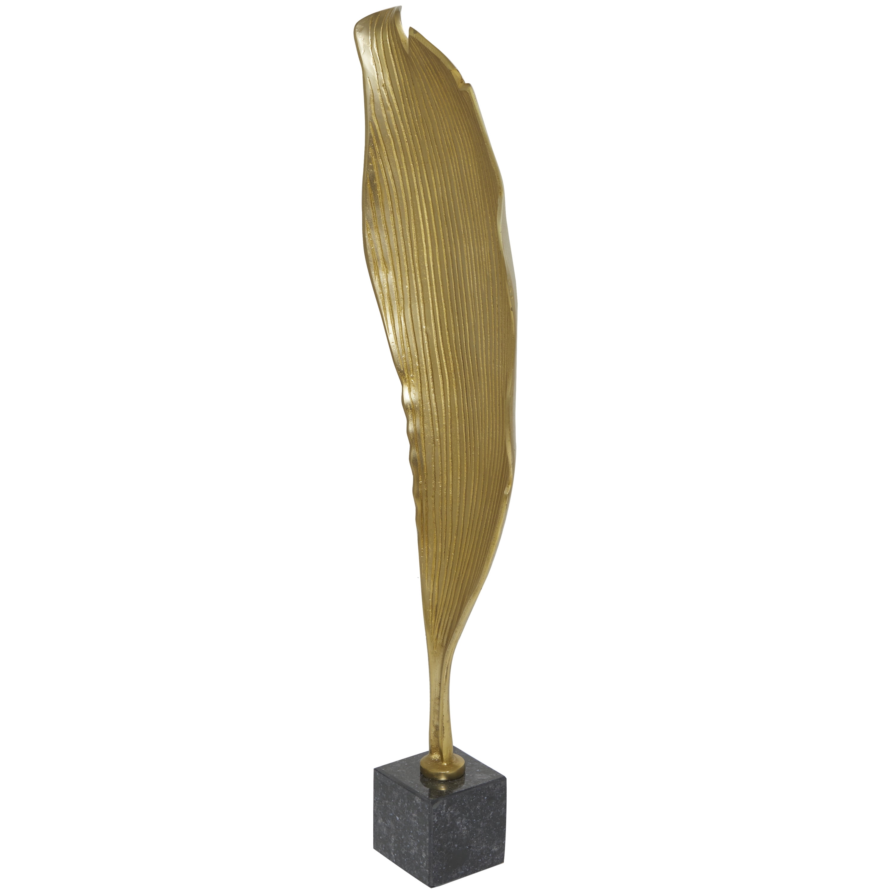 11" x 36" Gold Aluminum Textured Leaf Abstract Sculpture with Black Marble Base, by DecMode