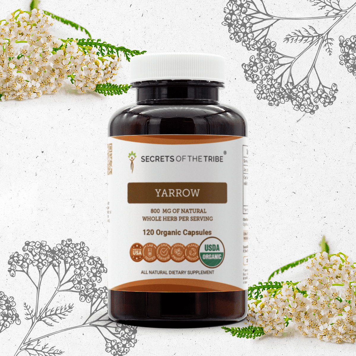 Secrets Of The Tribe Yarrow Organic Capsules Dietary Supplement, Natural Herbal Capsules for Immune Support, Certified Organic Yarrow (Achillea millefolium) Dried Leaf and Flower, 120 Capsules