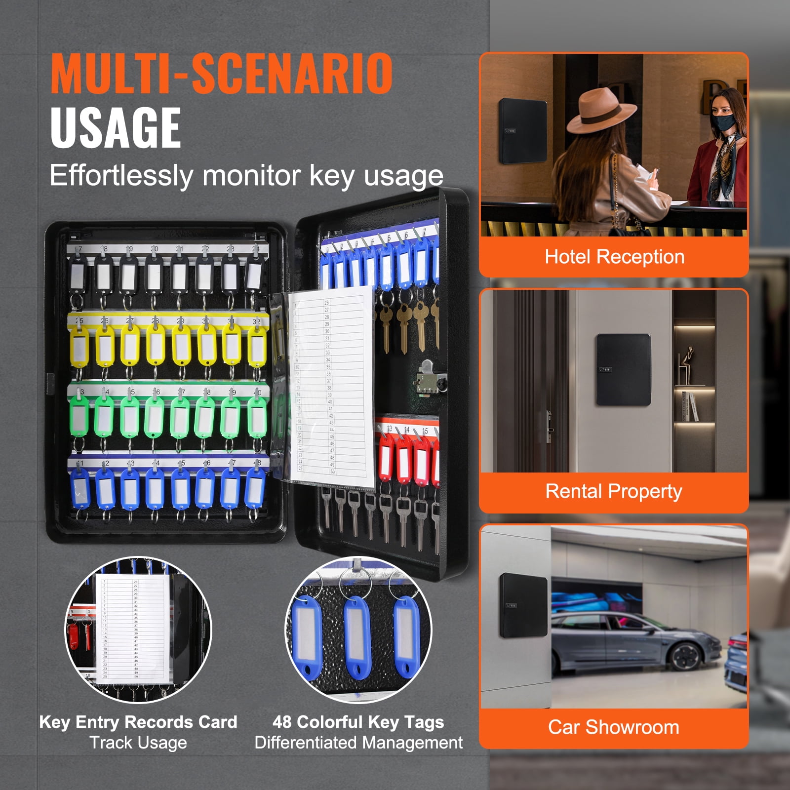 KFFKFF 48-Key Wall Cabinet Key Safe with Keys Adjustable Racks & Combination Lock