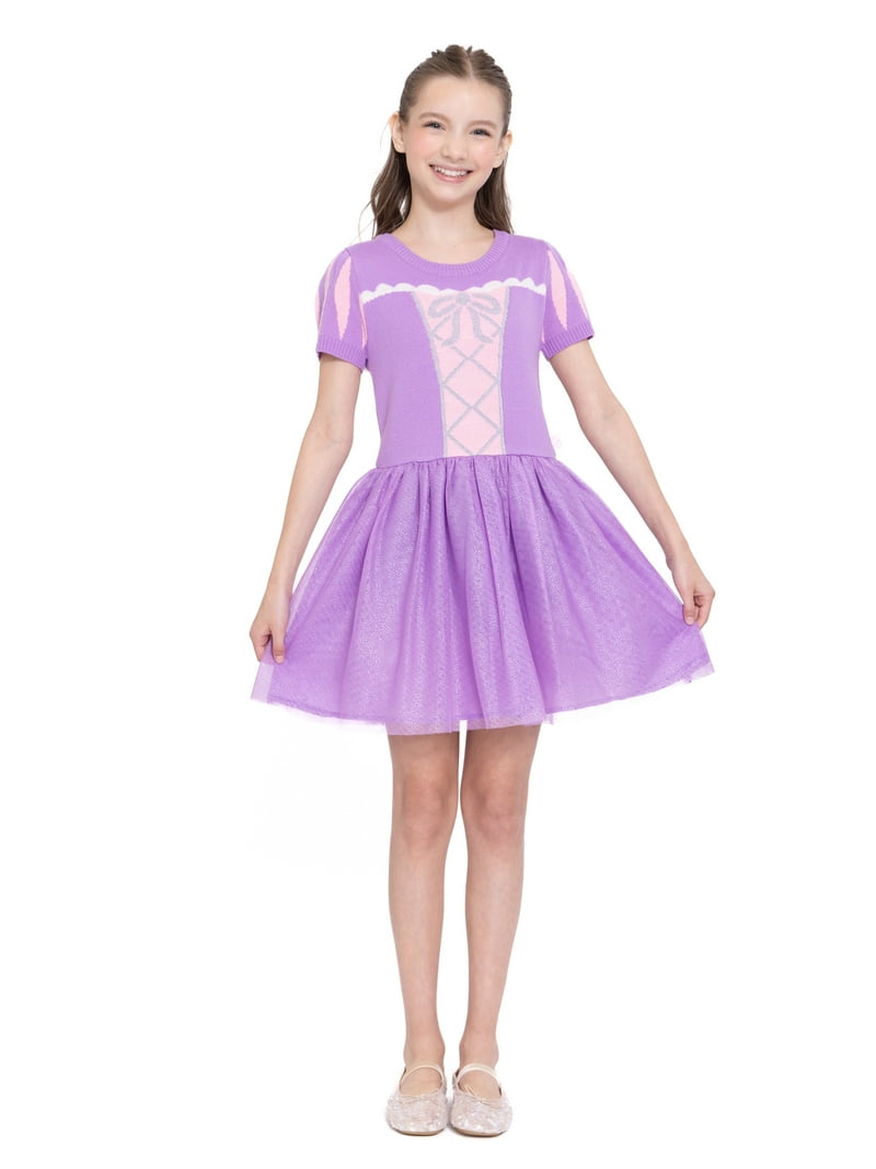 rapunzel mini dress Girls Disney Princess Tangled Rapunzel Cosplay Short Sleeve Sweater Dress,  Sizes 4-12