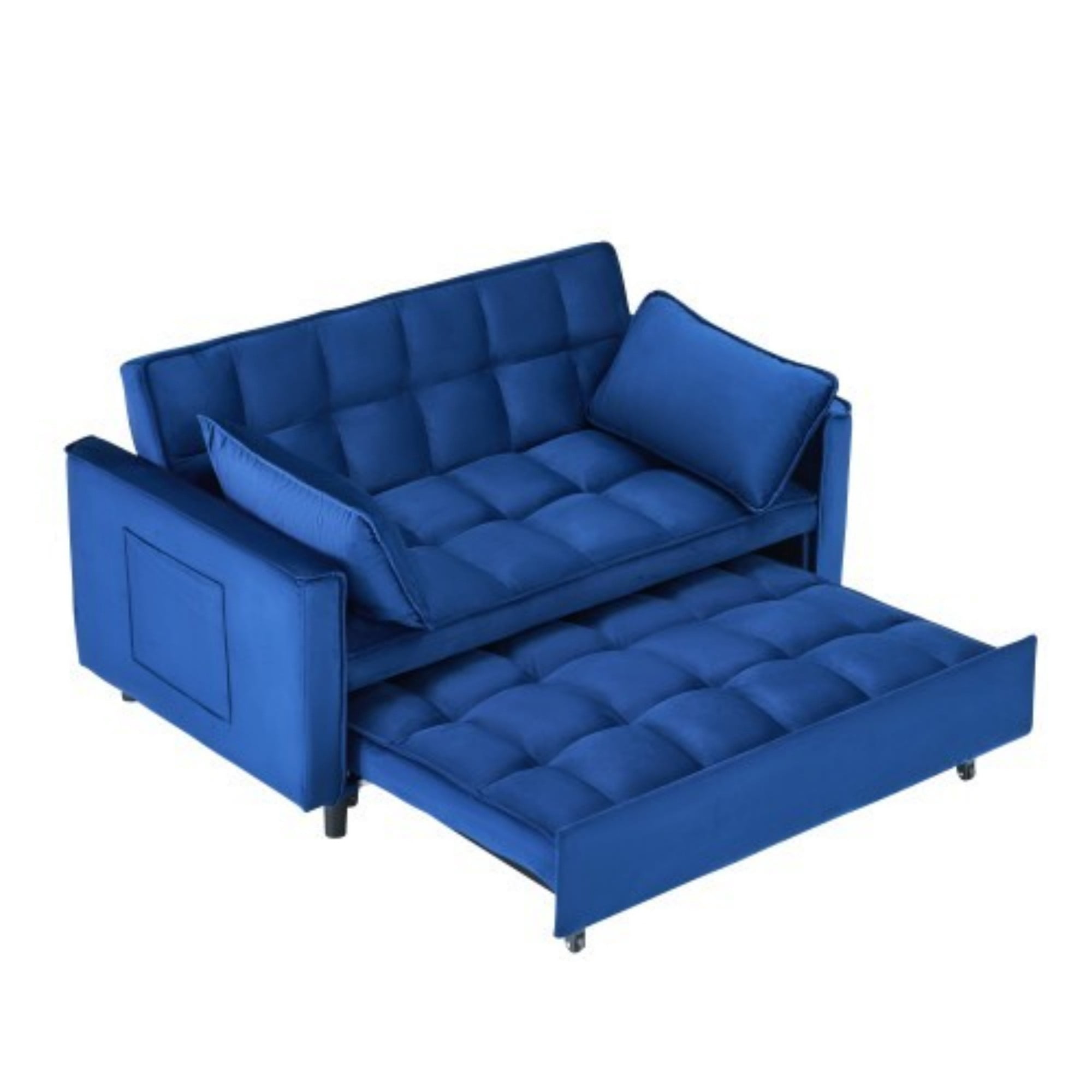 Velvet Loveseat Sofa Bed, 3-in-1 Convertible Sleeper Couch with Pullout Bed & Reclining Backrest, Blue