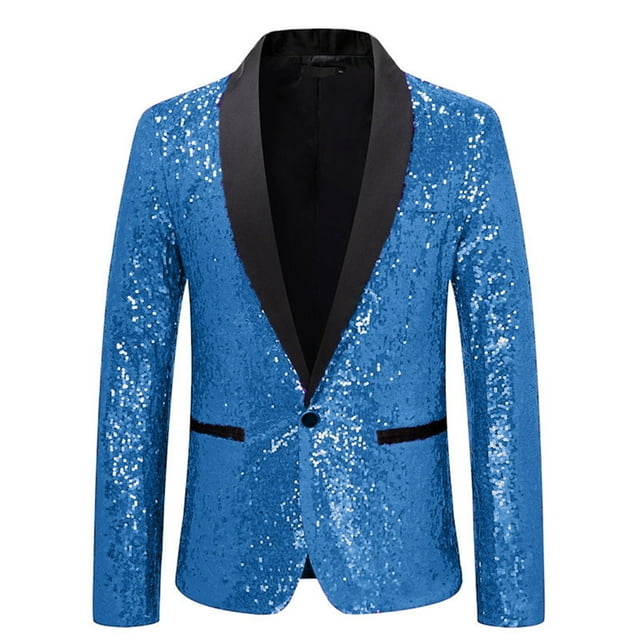 Royal Blue Mens Sequin Bling Glitter Plain Jacket Blazer Outfit for Mens Work Office Formal Prom Party Gowns Evening Modest Rave Fall Winter Outerwear Button 2025 Clothes S