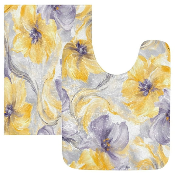 2 Piece Soft Bathroom Rug Set Watercolor Yellow Flowers Bath Mat and U-Shaped Toilet Contour Rug (16"x24" 20"x24")