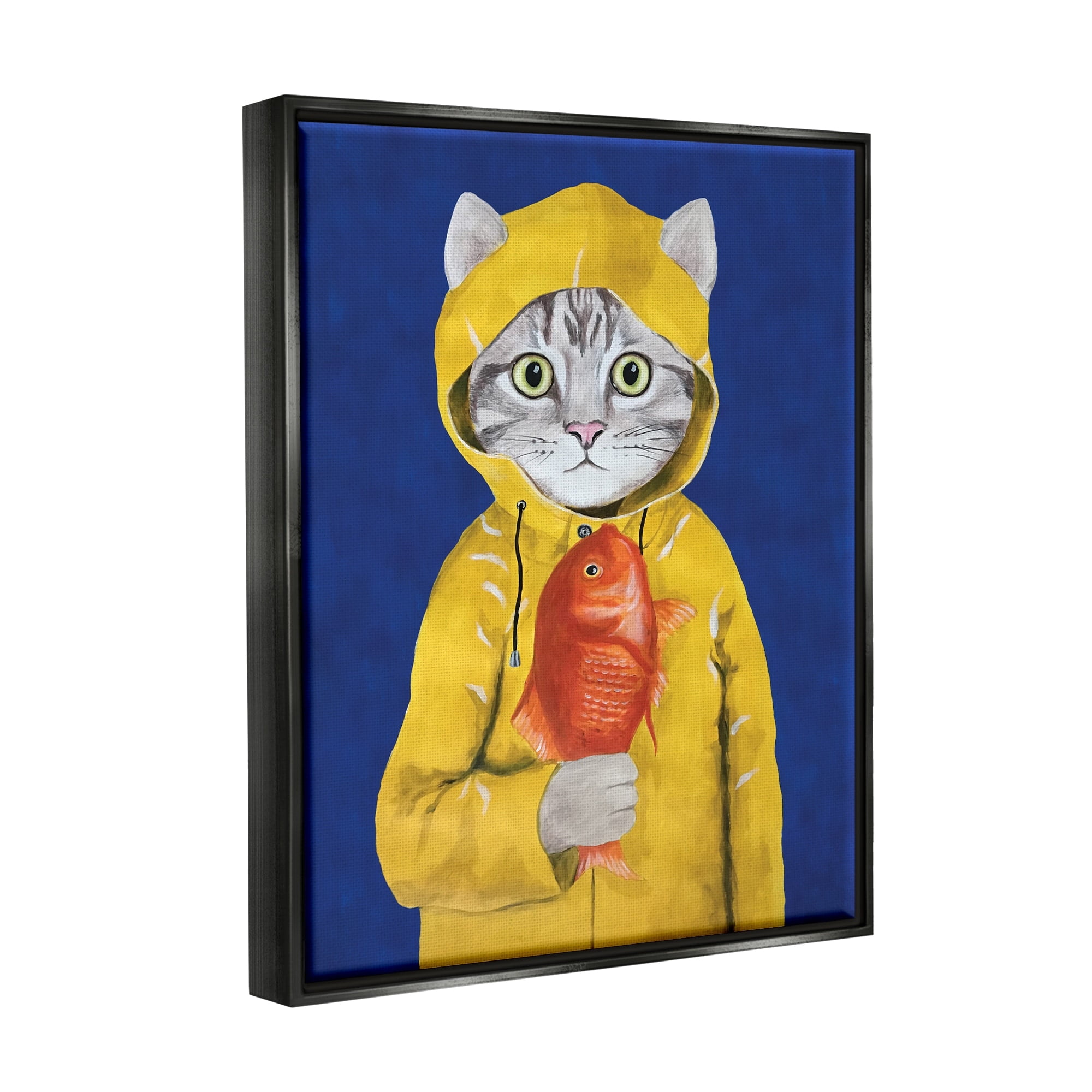 Stupell Industries Fisherman Feline Yellow Coat Cat Jet Black Framed Floating Canvas Wall Art, 16x20, by Coco de Paris