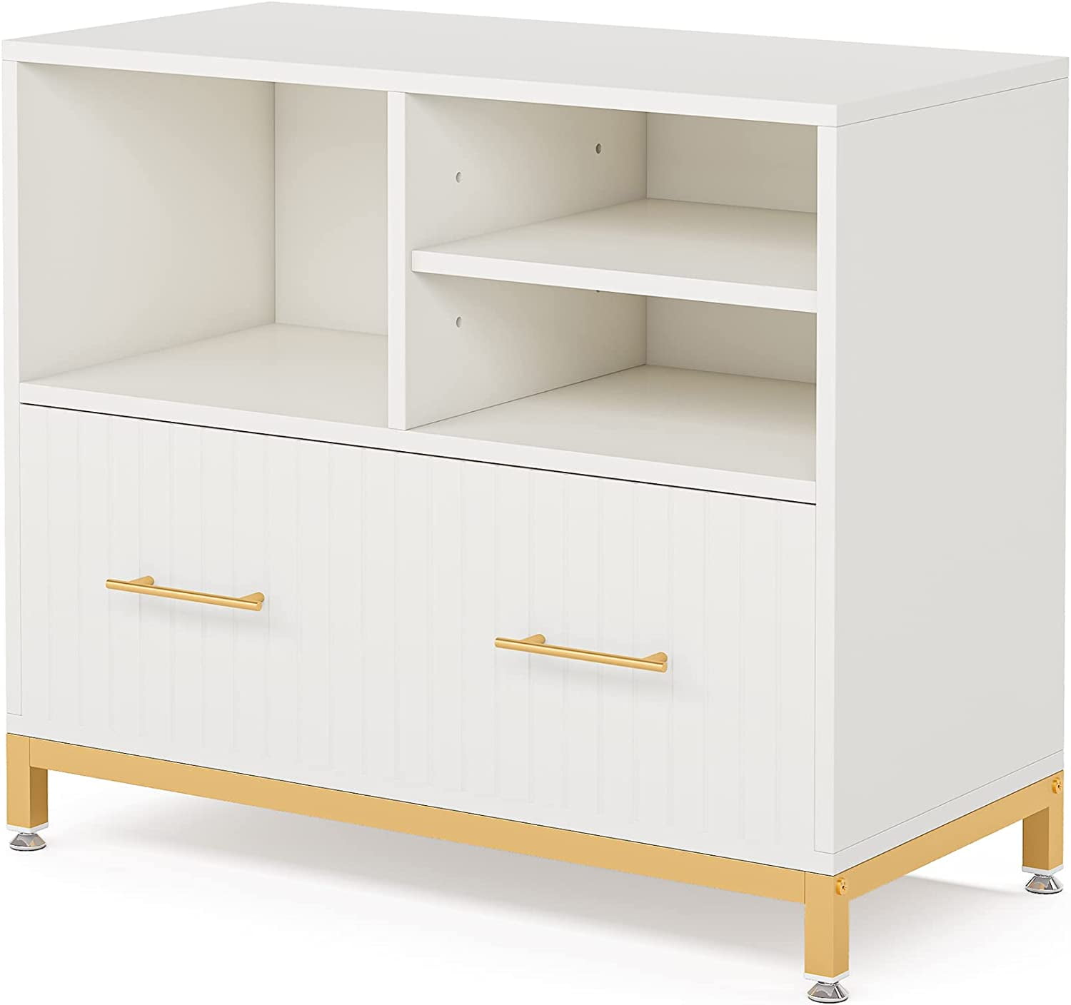 Lateral File Cabinet with Drawer, White Filing Cabinet with Adjustable Hanging Rod for Letter/Letter/A4 Size Files, 35.4" Wood Modern Printer Stand with Open Storage Spaces for Home Office
