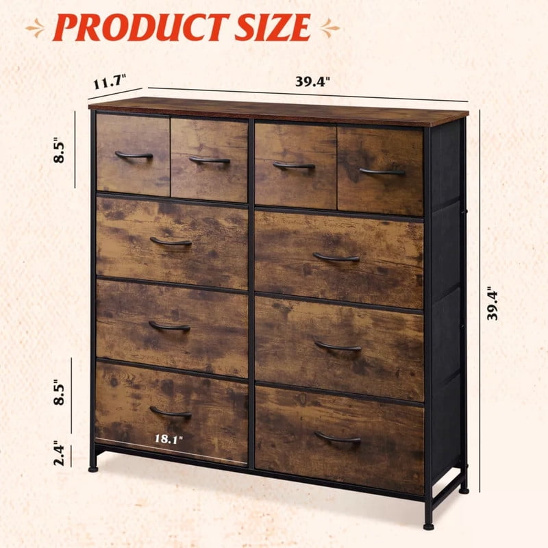 Kelno 10 Drawers Fabric Cabinet Metal Frame Wide Wood Top Tall Storage Tower TV Stand Clothes Organizer for Bedroom Living Room,Rust Brown