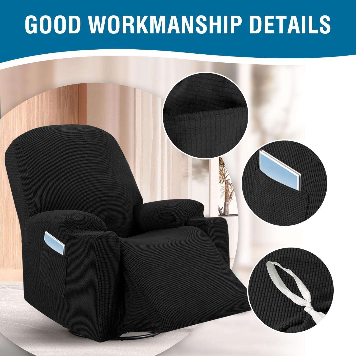 H.VERSAILTEX Stretch Electric Power Lift Recliner Chair Cover with Side Pocket, Soft Thick Jacquard(Single Seat, Black)