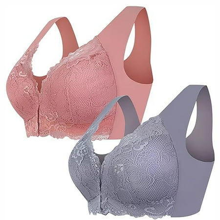 RYRJJ Women s Front Closure Bras Plus Size Full Coverage Posture Back Unpadded Wireless Lace Bralette Double Support Minimizer Bra