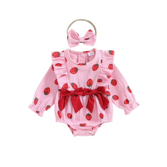 BemeyourBBs Newborn Girl Outfit, Long Sleeve Strawberry Print Romper with Hairband