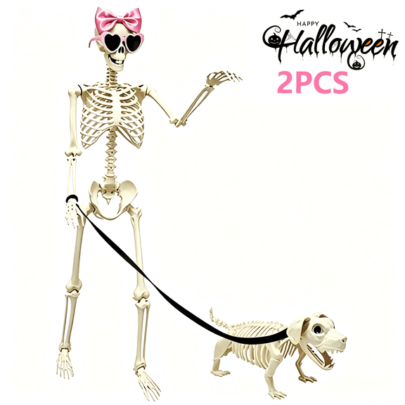 2 PCS Skeleton and Dog Skeleton Halloween Decorations, 36'' Posable Skeleton Set with Pink Sunglasses and Bow, Funny Indoor Outdoor Halloween Party Yard Decor
