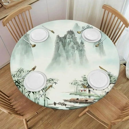 

Chinese Style Round Fitted Tablecloth Ink Painting Classical Art Elastic Edged Waterproof Table Cloth Table Decor Accessorie