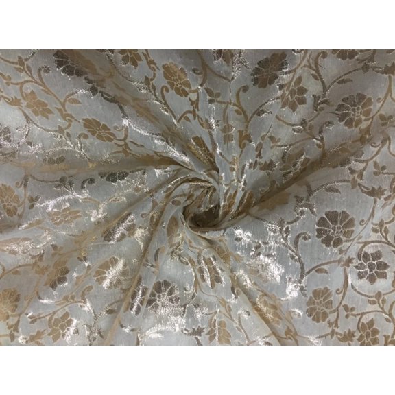 Chanderi silk fabric ivory  metallic gold floral Motif 44quot; wide [11077]