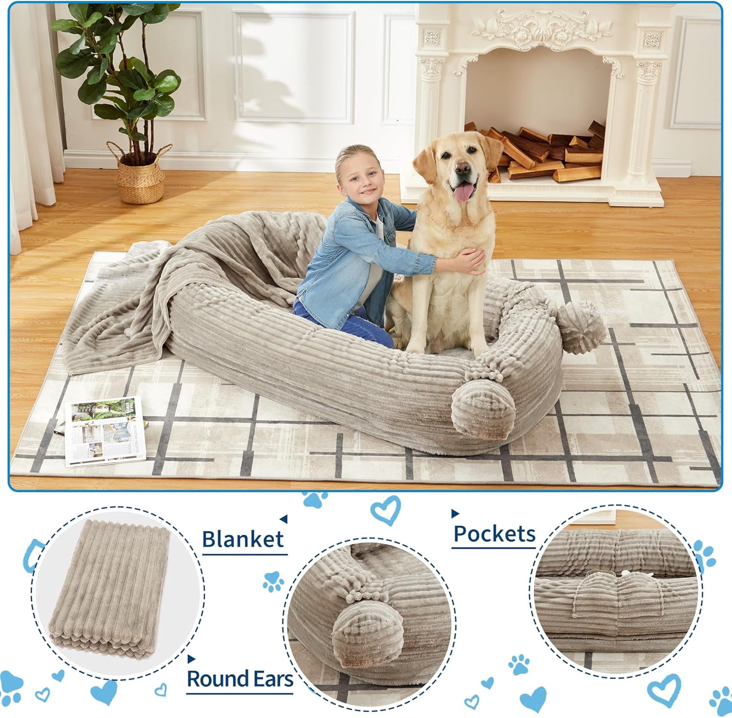 Human Sized Dog Bed, 70.87" x 45" x 12" Large Dog Bed with 2 Storage Pockets, Faux Fur Orthopedic Pet Bean Bed for Adults & Giant Pets - Khika-corduroy