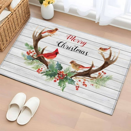 Christmas Cardinal Bathroom Rug Washable 2x3 Entryway Rug Non Slip Winter Xmas Farmhouse Holly Wood Grain Front Door Mat Low Pile Indoor Doormat Throw Floor Carpet for Kitchen Bedroom Entrance