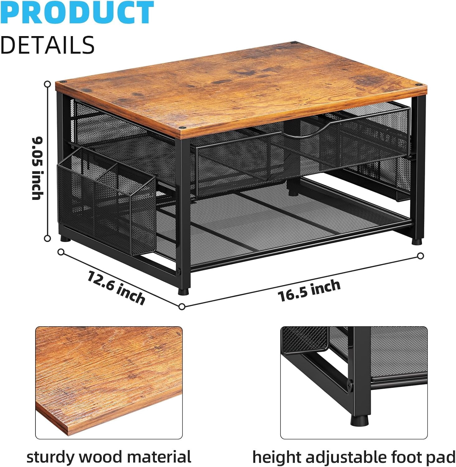 Wood Printer Stand for Desk, 2-Tier Desktop Printer Table for Home Office, Printer Stand with Storage Drawer 2 Pen Holders, Multi-Purpose Desk Organizer for Fax Machine Scanner(Wood Brown)
