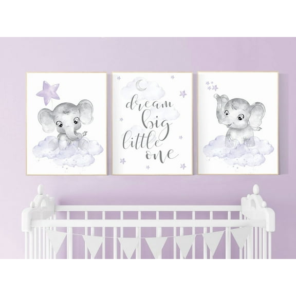 UNFFRAMED Luvia Set of 3 Nursery Poster Set Girl Purple Elephant Moon Stars Lavender Lilac Baby Room Decor Prints Set 3 Prints 8x12