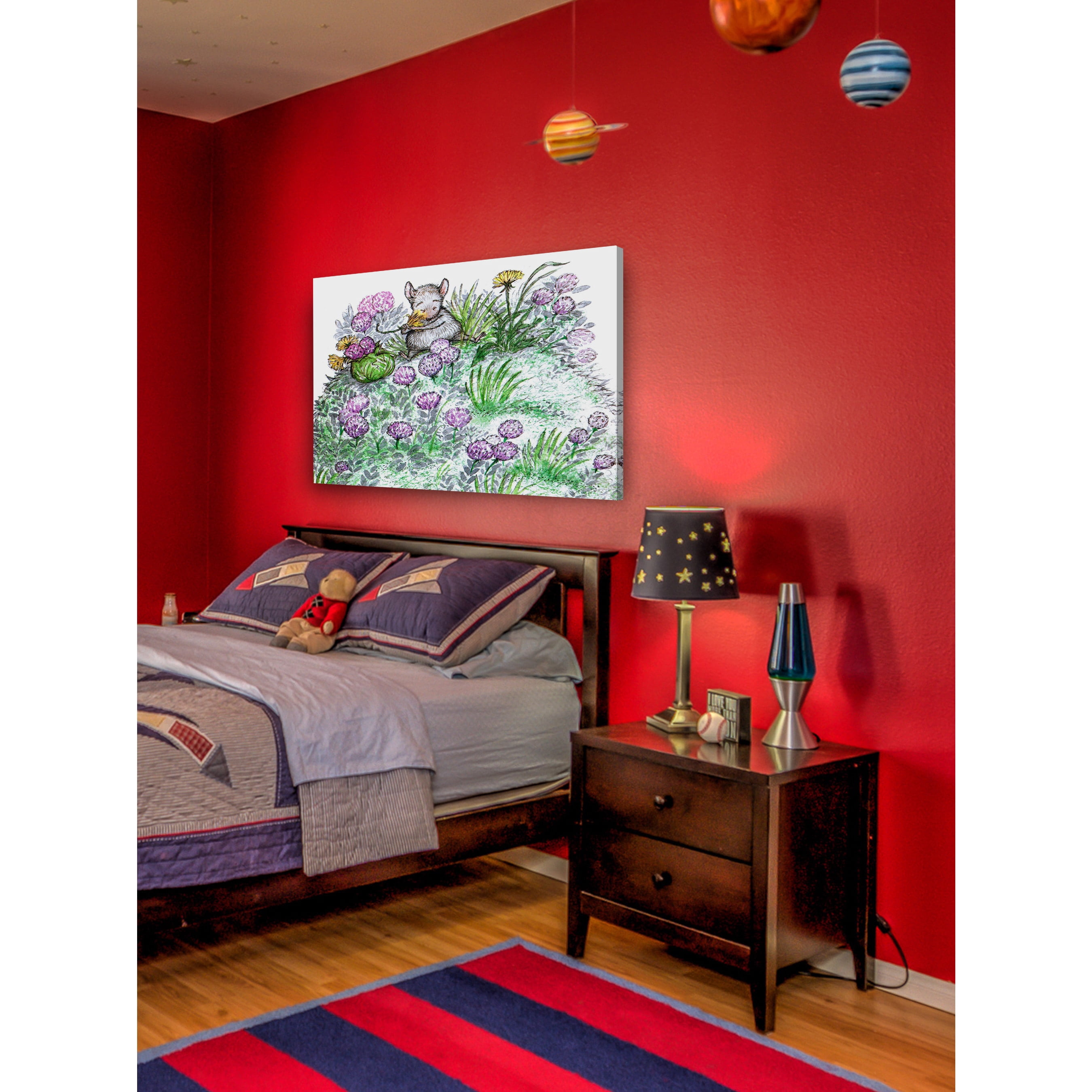 Marmont Hill "Mouse and Purple Flowers" by Curtis Painting Print on Canvas