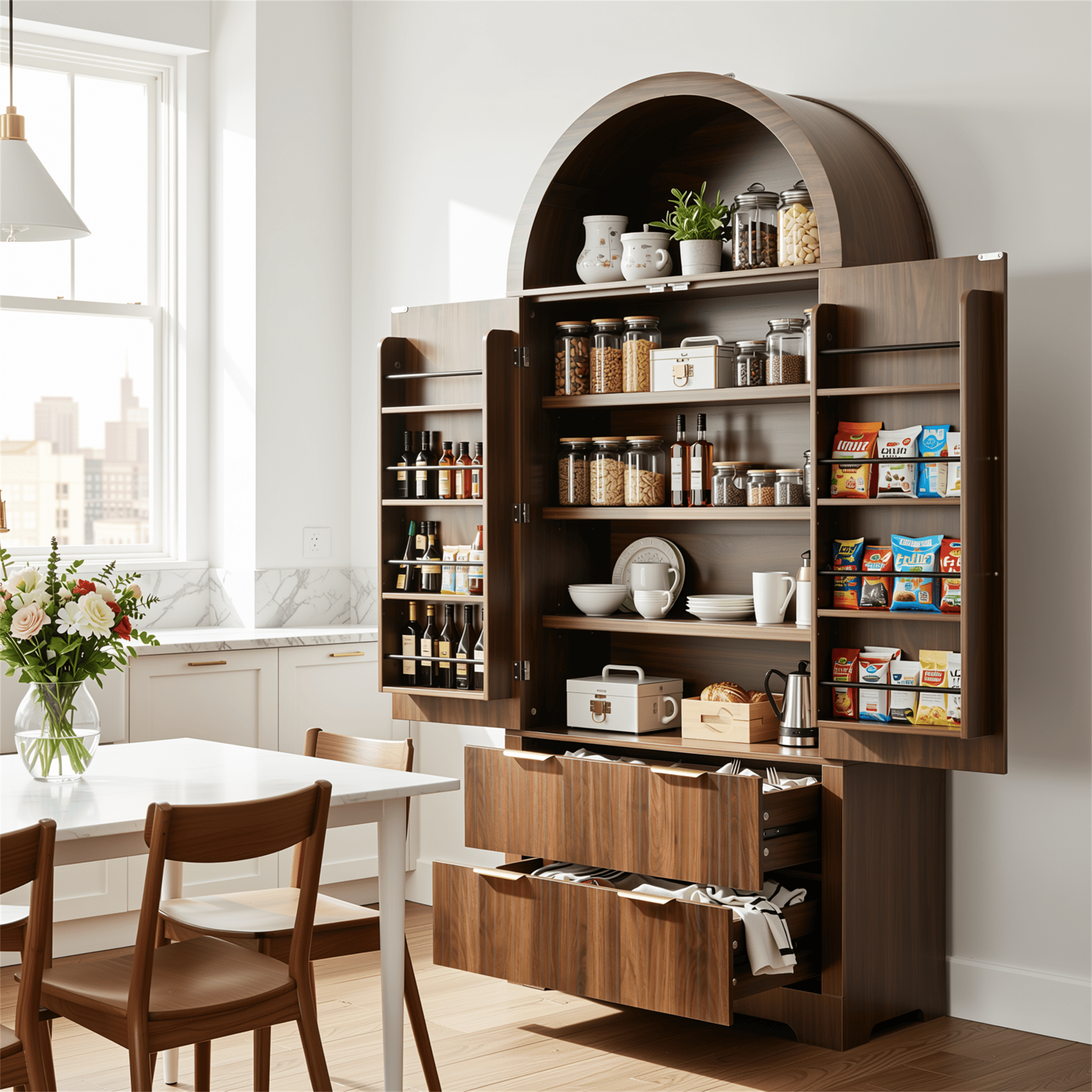 Homy Casa 72" Tall Arched Pantry Cabinet with Fluted Doors, Adjustable Shelves and 2 Drawers, Walnut
