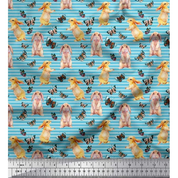 Soimoi Blue Cotton Duck Fabric Stripe,Insect & Bunny Animal Printed Fabric 1 Yard 42 Inch Wide