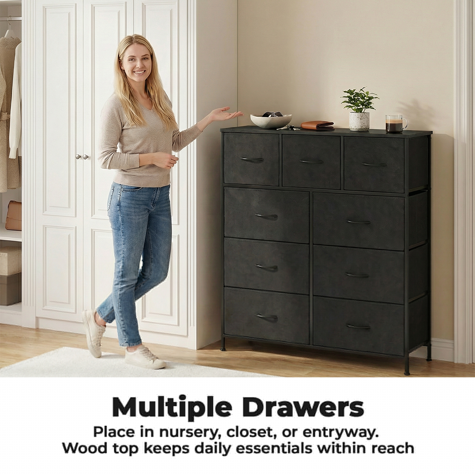 Alvantor Tall Dresser Fabric Storage Tower ,Wooden Top for Kid Room, Closet, Entryway, Nursery